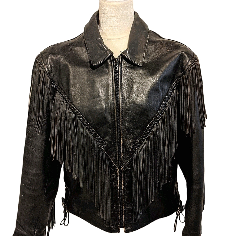 Vintage Black Leather Fringe Moto Jacket Womens XL